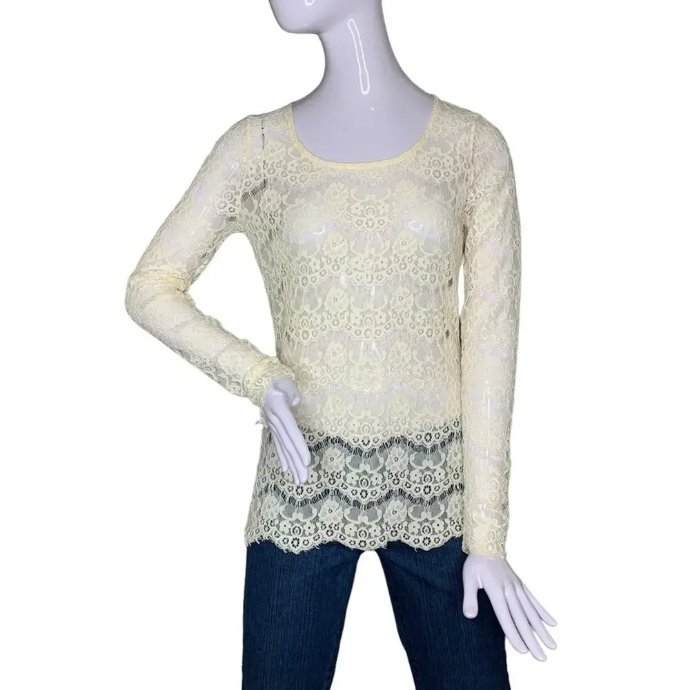 Maurices Lace Top Long Sleeve Size S Beige All See Thru
